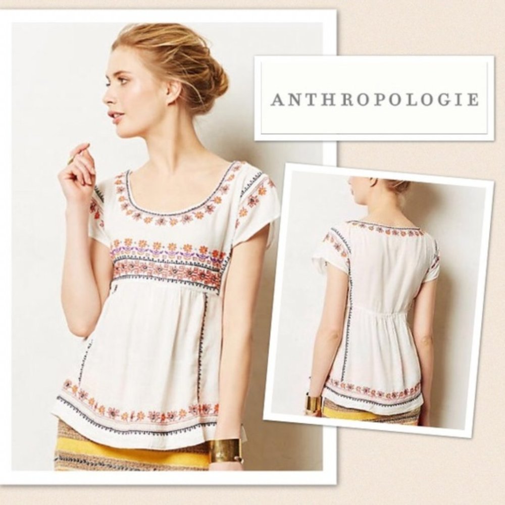 ANTHRO Vanessa Virginia White Boho Embroidered Daisy Chain Peasant Top M